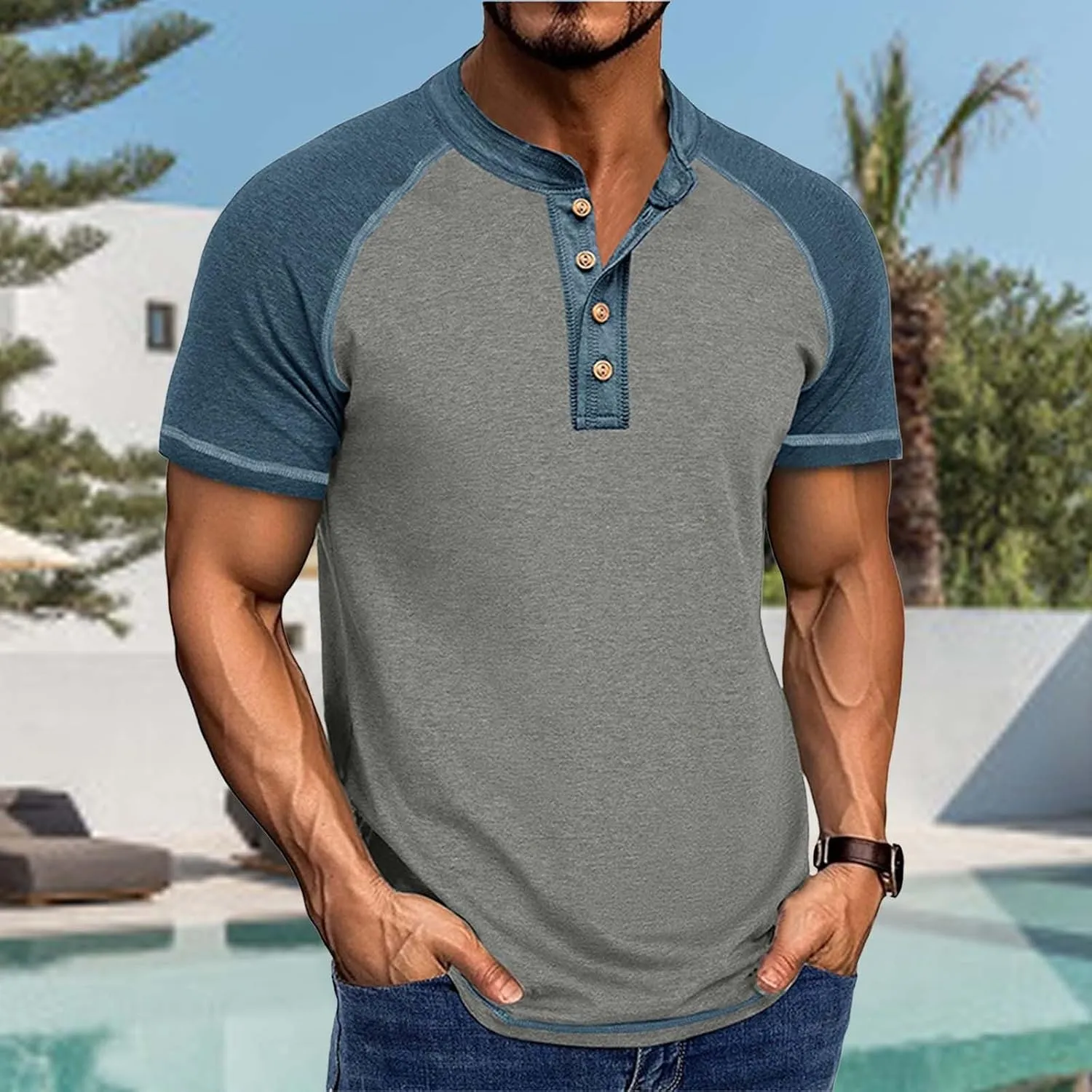 Vintage Shirts for Men Collarless Regular Fit Casual Short Sleeve Henley Tshirt Lightweight Summer Hiking Undershirt
