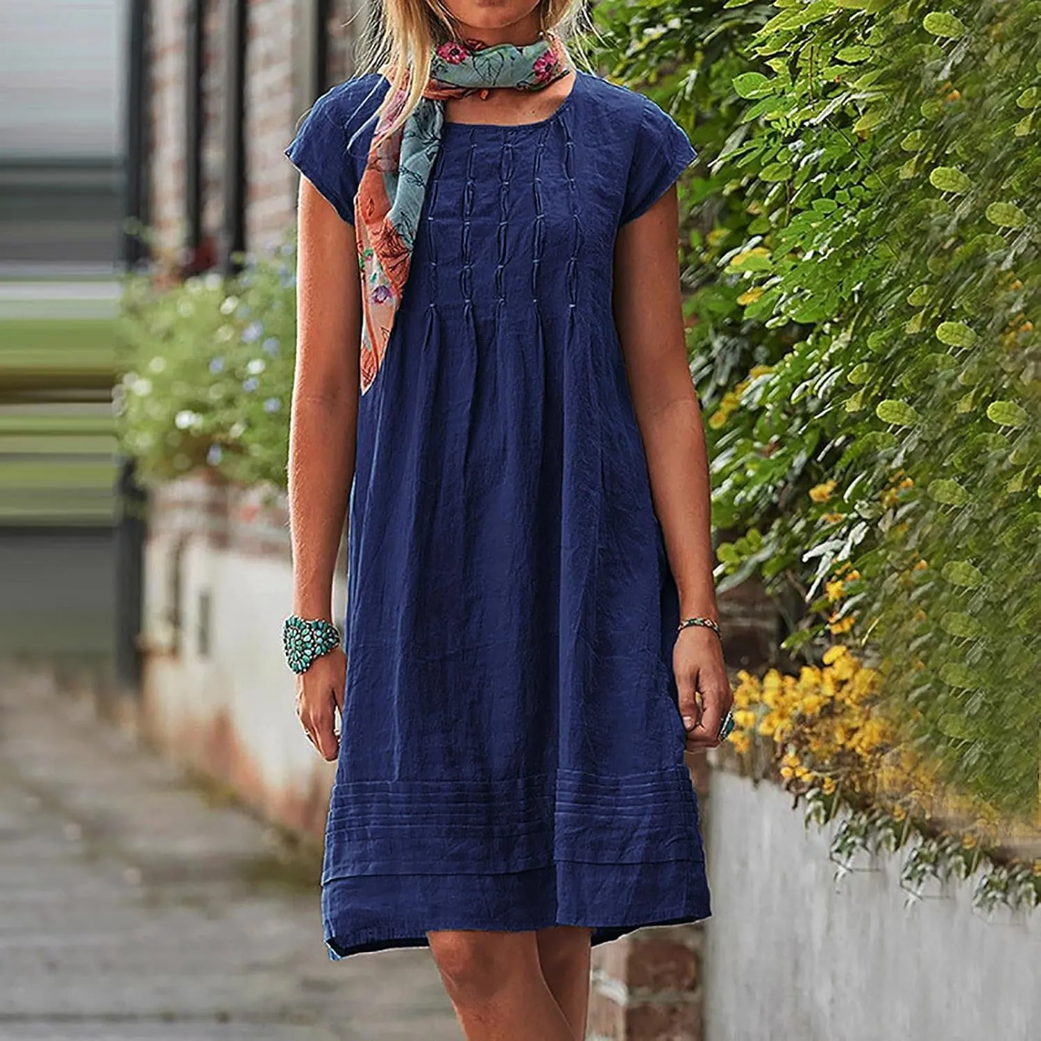 Vintage Summer Cotton Linen Dress for Women Casual Short Sleeve Ruched T Shirts Dress Loose Fit A-Line Beach Sundress