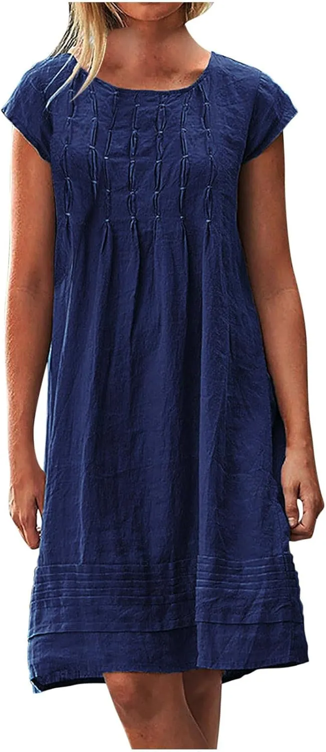 Vintage Summer Cotton Linen Dress for Women Casual Short Sleeve Ruched T Shirts Dress Loose Fit A-Line Beach Sundress