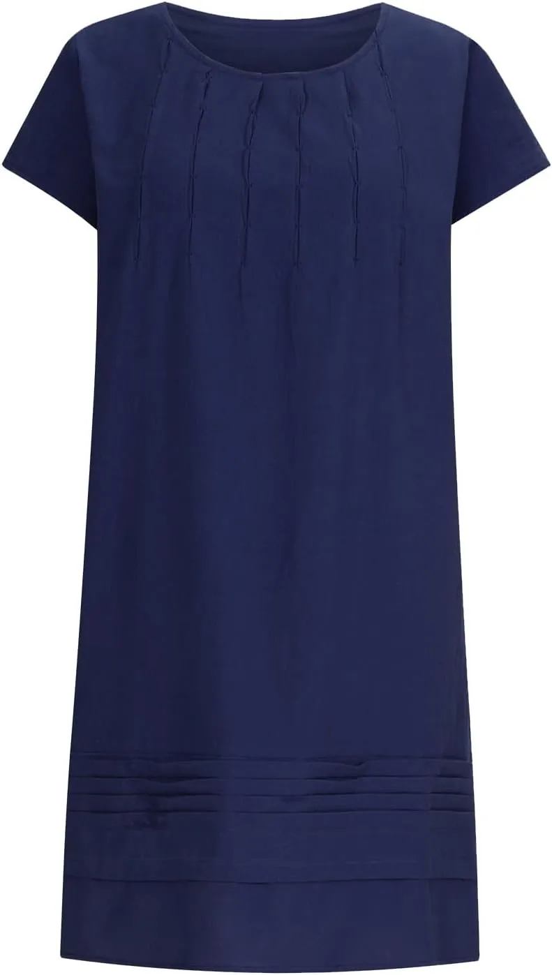 Vintage Summer Cotton Linen Dress for Women Casual Short Sleeve Ruched T Shirts Dress Loose Fit A-Line Beach Sundress