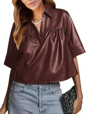 Vivitulip Women’s Short Sleeve Faux Leather T-Shirt Loose Fit V Neck PU Leather Summer Crop Going Out Tops