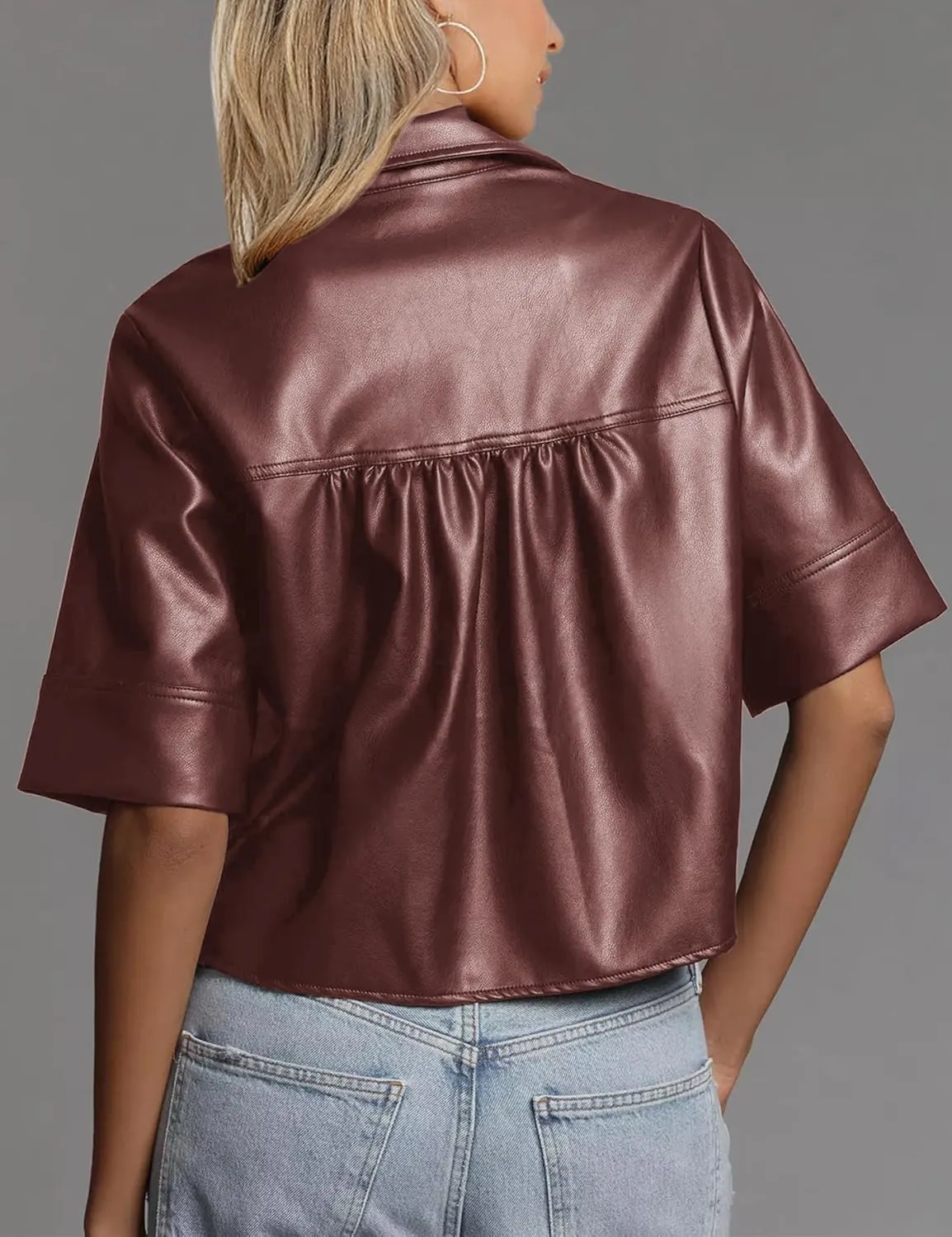Vivitulip Women’s Short Sleeve Faux Leather T-Shirt Loose Fit V Neck PU Leather Summer Crop Going Out Tops