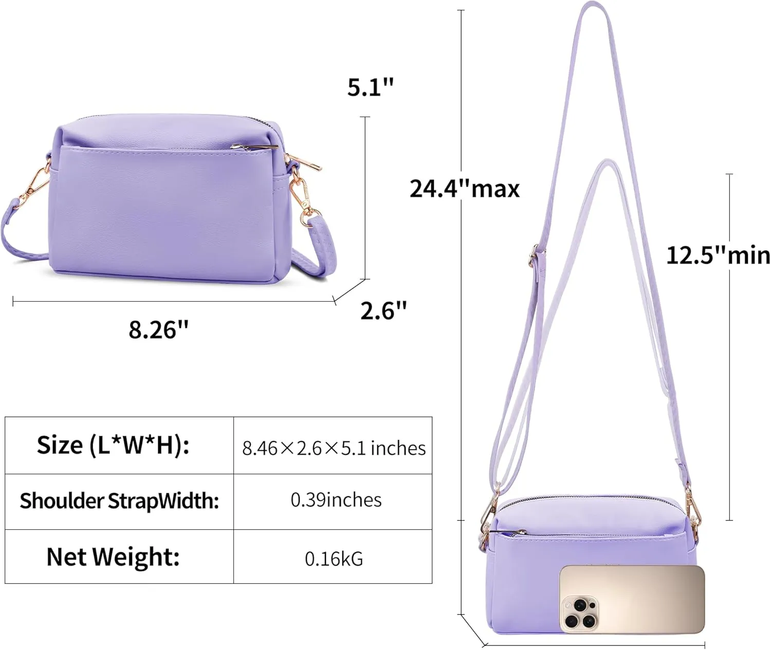 VOROLO Crossbody Bag Triple Zip Small Leather Cross body Purse Shoulder Bag with Ajustable Strap for Women