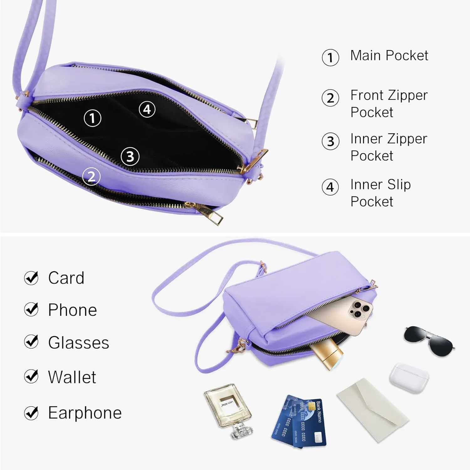 VOROLO Crossbody Bag Triple Zip Small Leather Cross body Purse Shoulder Bag with Ajustable Strap for Women