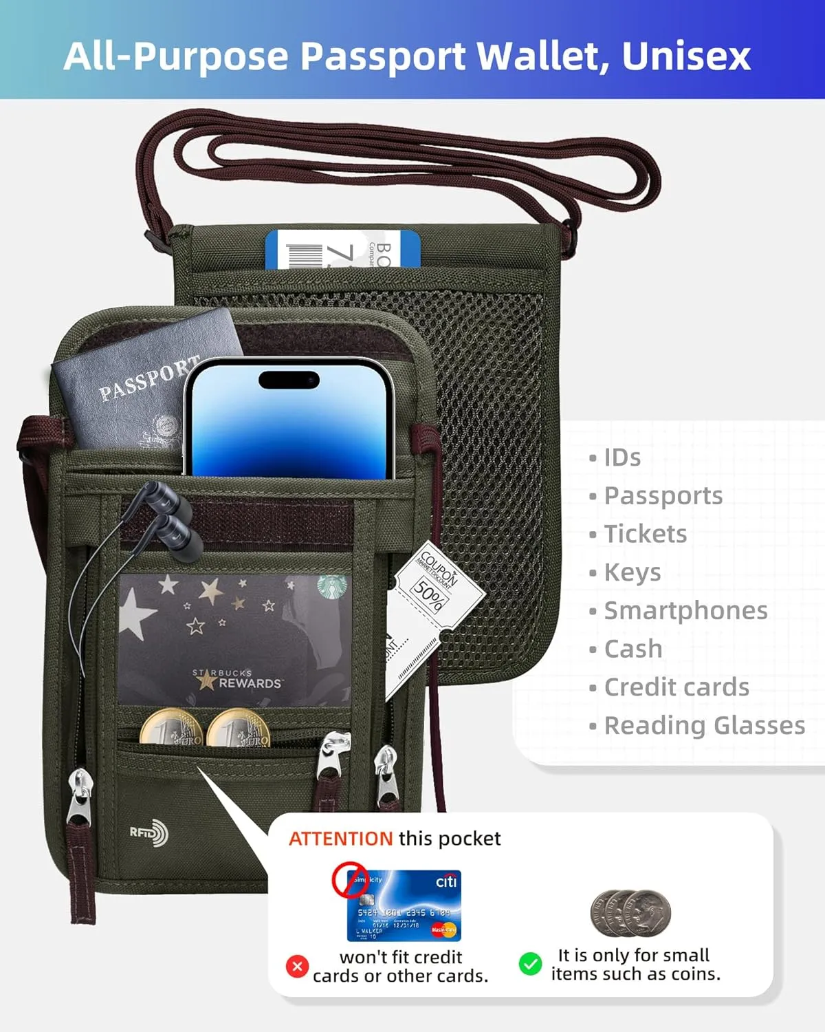 WALNEW Passport Holder Neck Pouch Travel Wallet for Women and Men, RFID Blocking Security Slim Traveling Wallet with Around Neck Lanyard Strap
