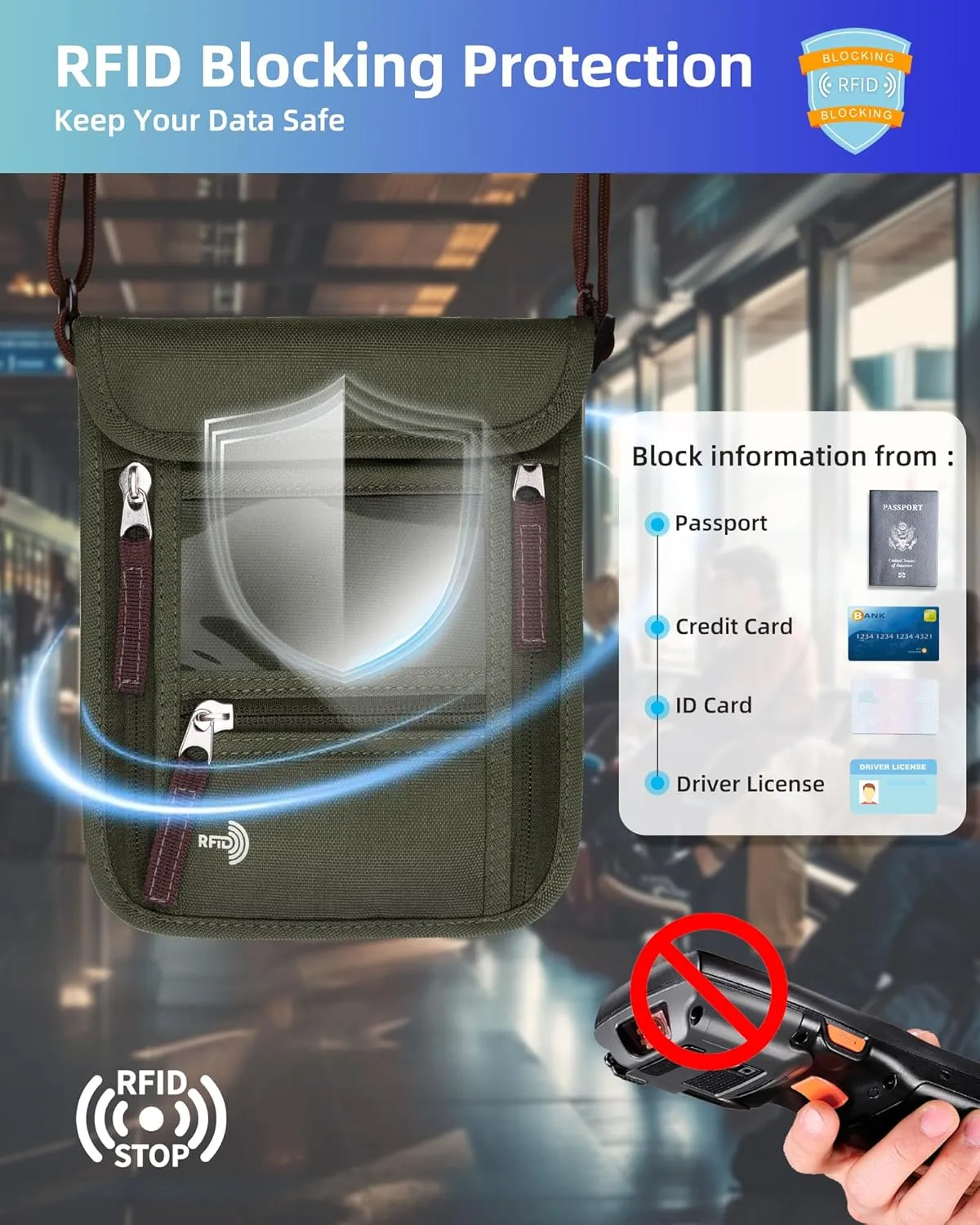 WALNEW Passport Holder Neck Pouch Travel Wallet for Women and Men, RFID Blocking Security Slim Traveling Wallet with Around Neck Lanyard Strap