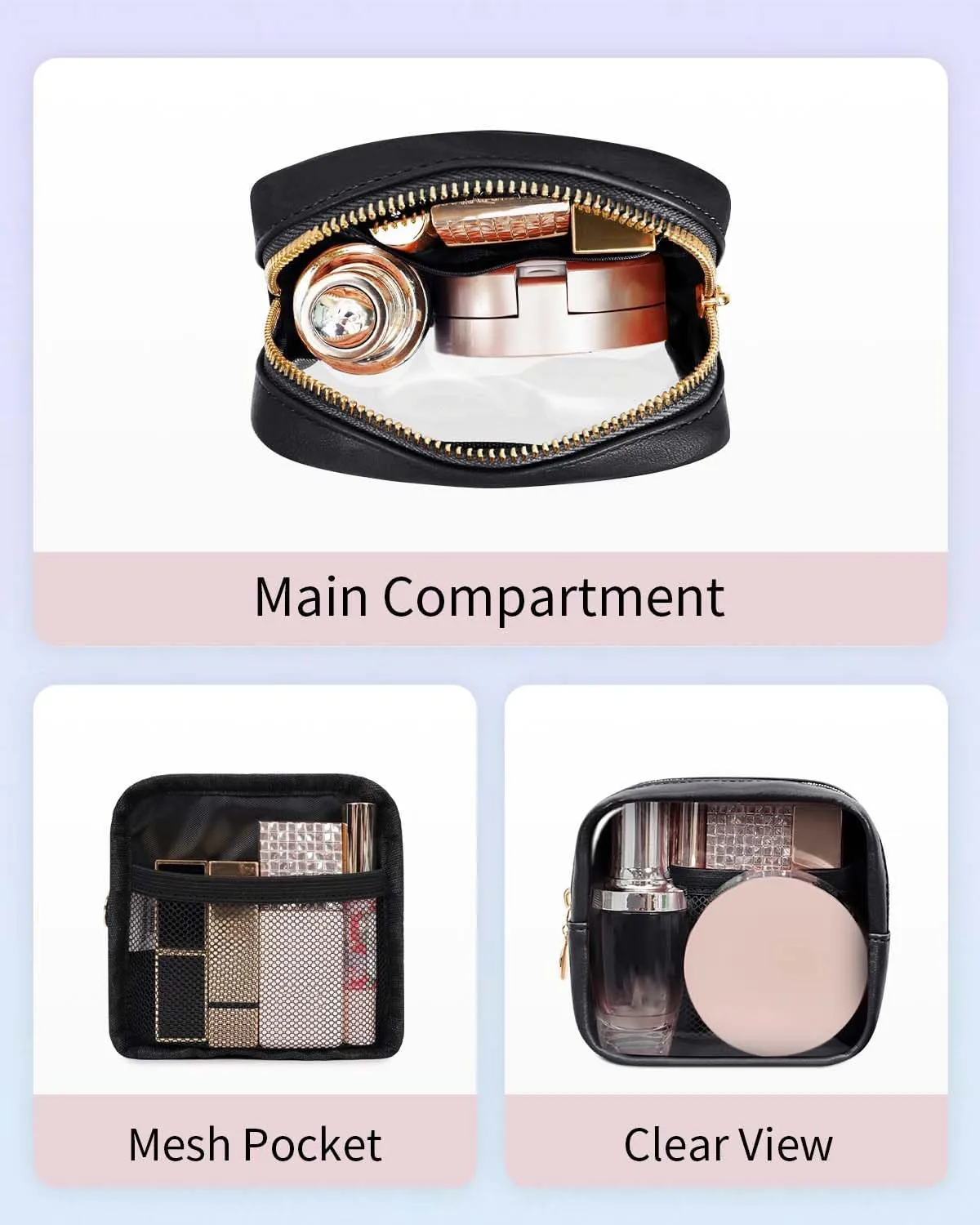 Wandering Nature Clear Makeup Bag for Purse Mini Make up Bag Cute Cosmetic Pouch for Women with Slip-in Pockets Travel Toiletry Essentials Vegan Leather Organizer Pouch,Patent Pending