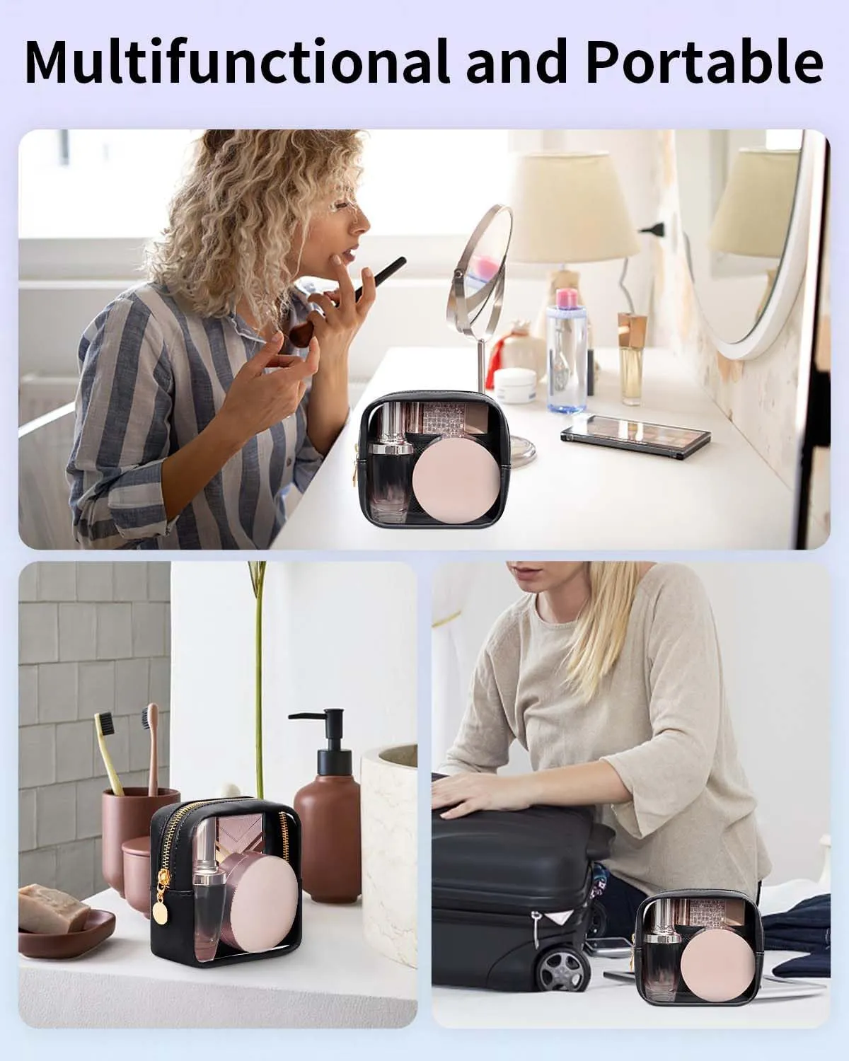 Wandering Nature Clear Makeup Bag for Purse Mini Make up Bag Cute Cosmetic Pouch for Women with Slip-in Pockets Travel Toiletry Essentials Vegan Leather Organizer Pouch,Patent Pending