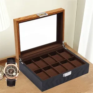 Watch Box 10 Slots Vintage Wooden Watch Box Display Organizer Jewelry Storage Case with Transparent Glass Top Lid and Lock