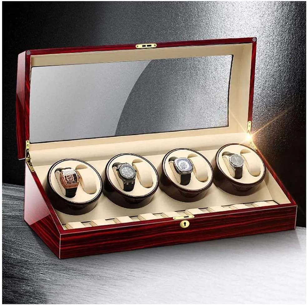 Watch Storage Box Luxury Wooden Automatic Watch Winder Five Timer Modes Safelty Lock & Key Transparent Acrylic Door Watch Display Storage Box