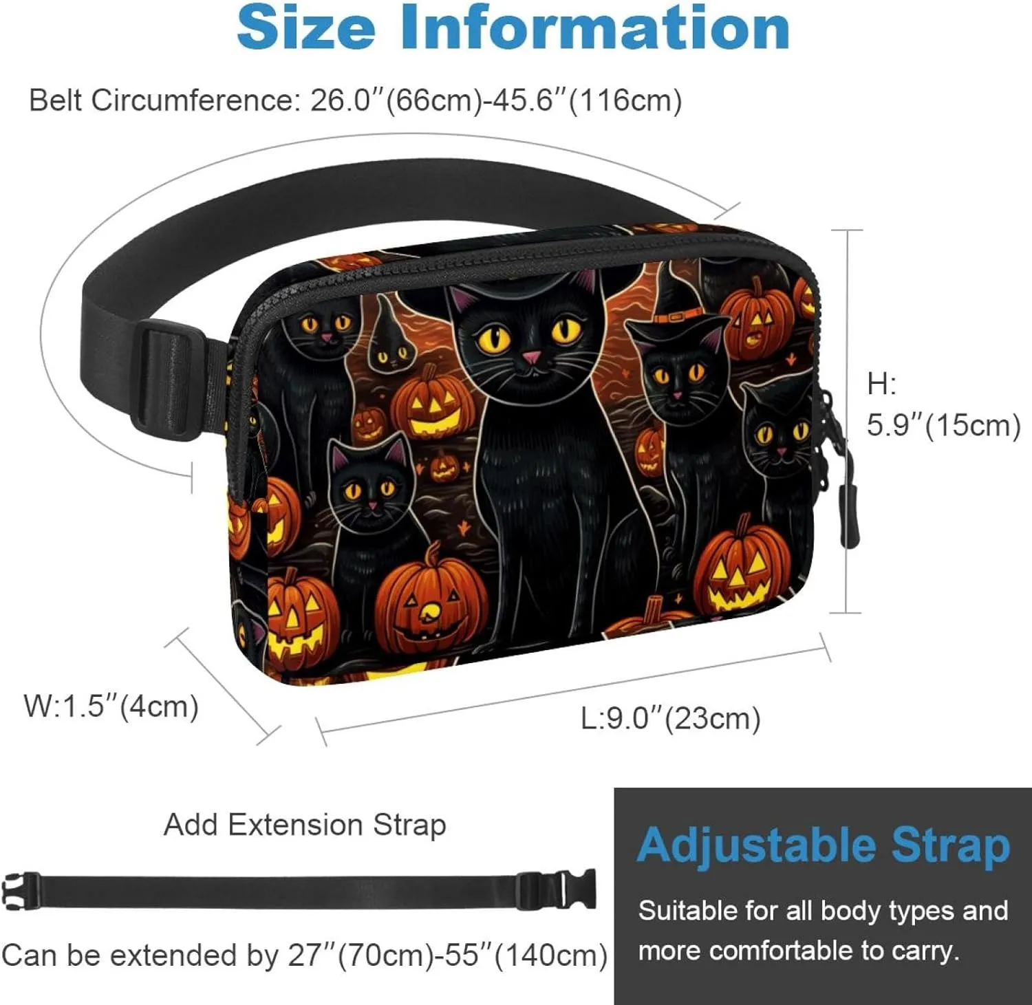 Waterproof Fanny Pack Black Belt Bag with Adjustable Strap for Women and Men,Halloween Cat R Crossbody Fanny Bag with Zipper for Hiking Running Travel