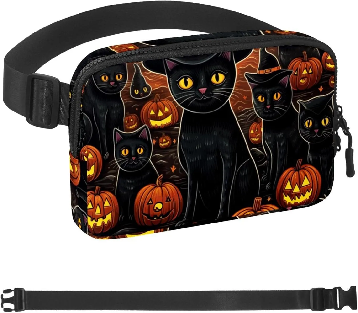 Waterproof Fanny Pack Black Belt Bag with Adjustable Strap for Women and Men,Halloween Cat R Crossbody Fanny Bag with Zipper for Hiking Running Travel
