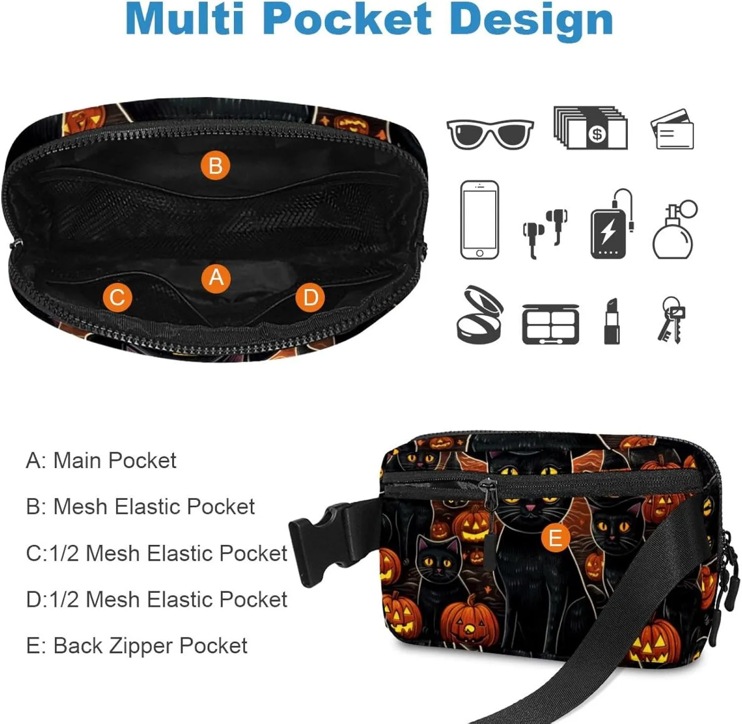 Waterproof Fanny Pack Black Belt Bag with Adjustable Strap for Women and Men,Halloween Cat R Crossbody Fanny Bag with Zipper for Hiking Running Travel