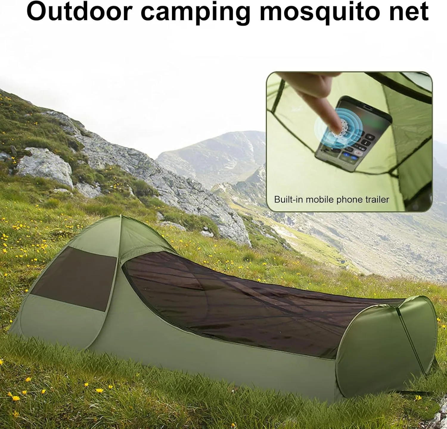 Waterproof Windproof Tent Single Person Poping Tent, Pop-up Camping Tents with Phone Holder Breathable Anti-gnats Net Lightweight, Portable Lightweight Tents Easy Setup Outdoor Hiking Army G