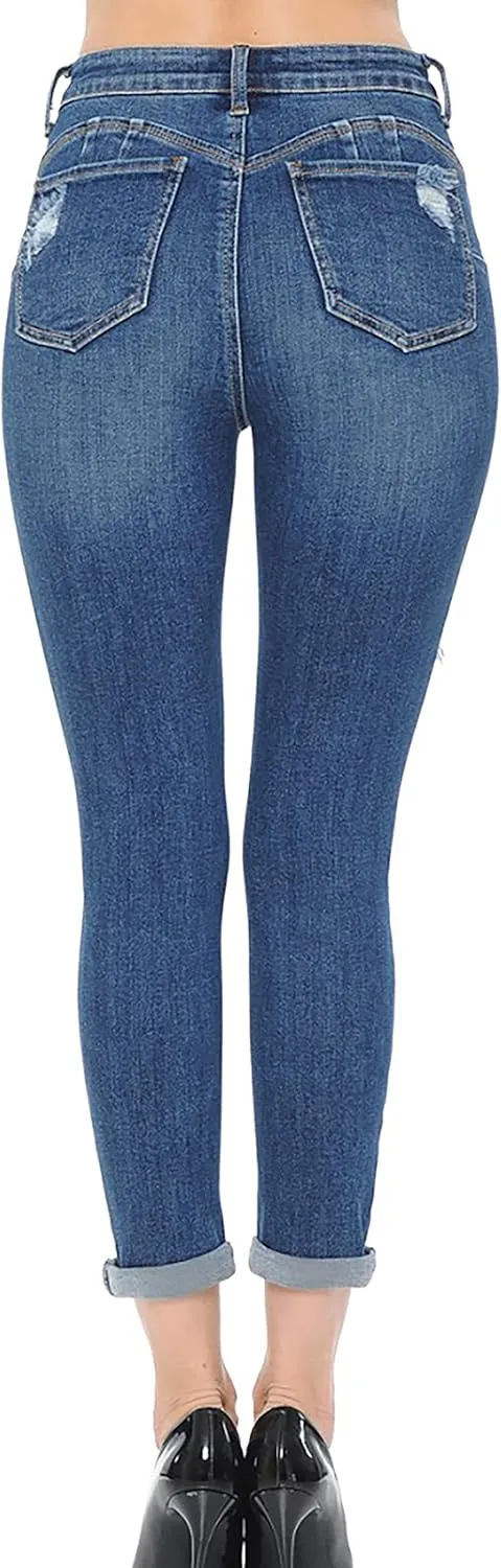 WAX JEAN Women's 'Butt I Love You' Push-Up High Rise Destructed Capri Jeans in Heritage Denim Fabric