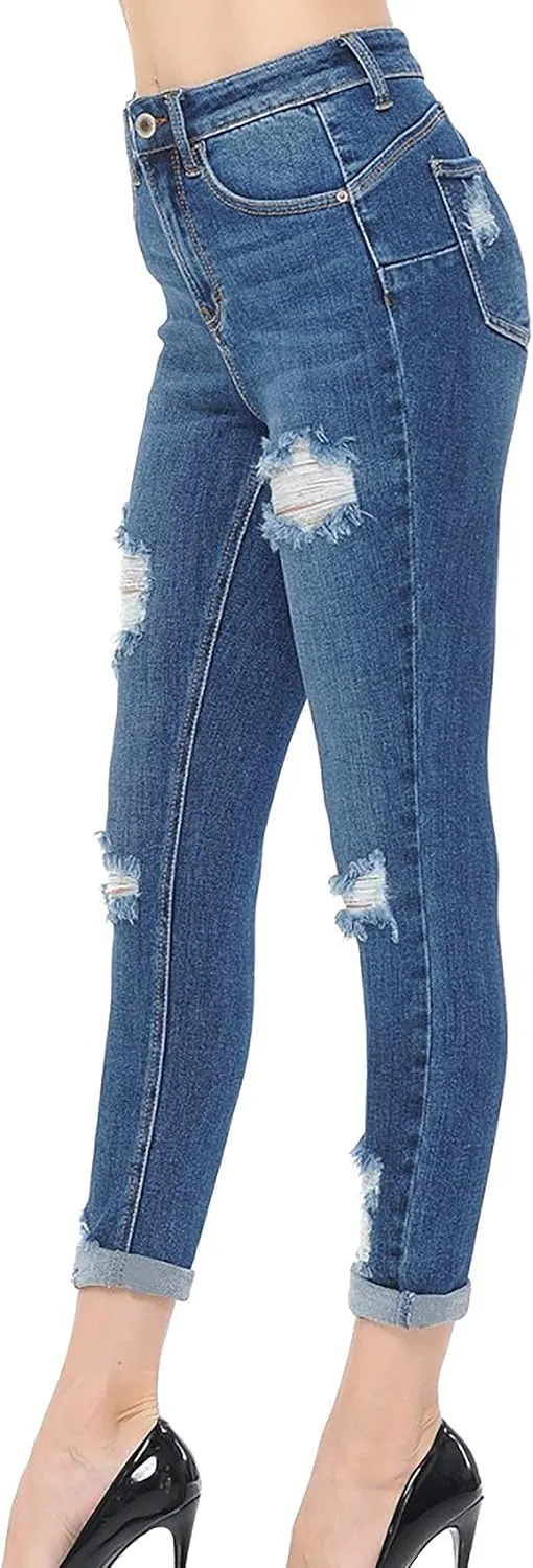 WAX JEAN Women's 'Butt I Love You' Push-Up High Rise Destructed Capri Jeans in Heritage Denim Fabric