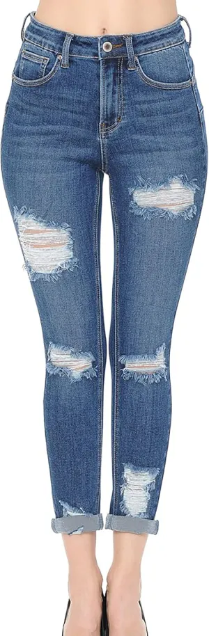 WAX JEAN Women's 'Butt I Love You' Push-Up High Rise Destructed Capri Jeans in Heritage Denim Fabric