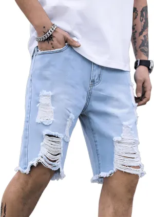 WDIRARA Men's Ripped Denim Shorts Straight Leg Raw Hem Frayed Distressed Jean Shorts Pants