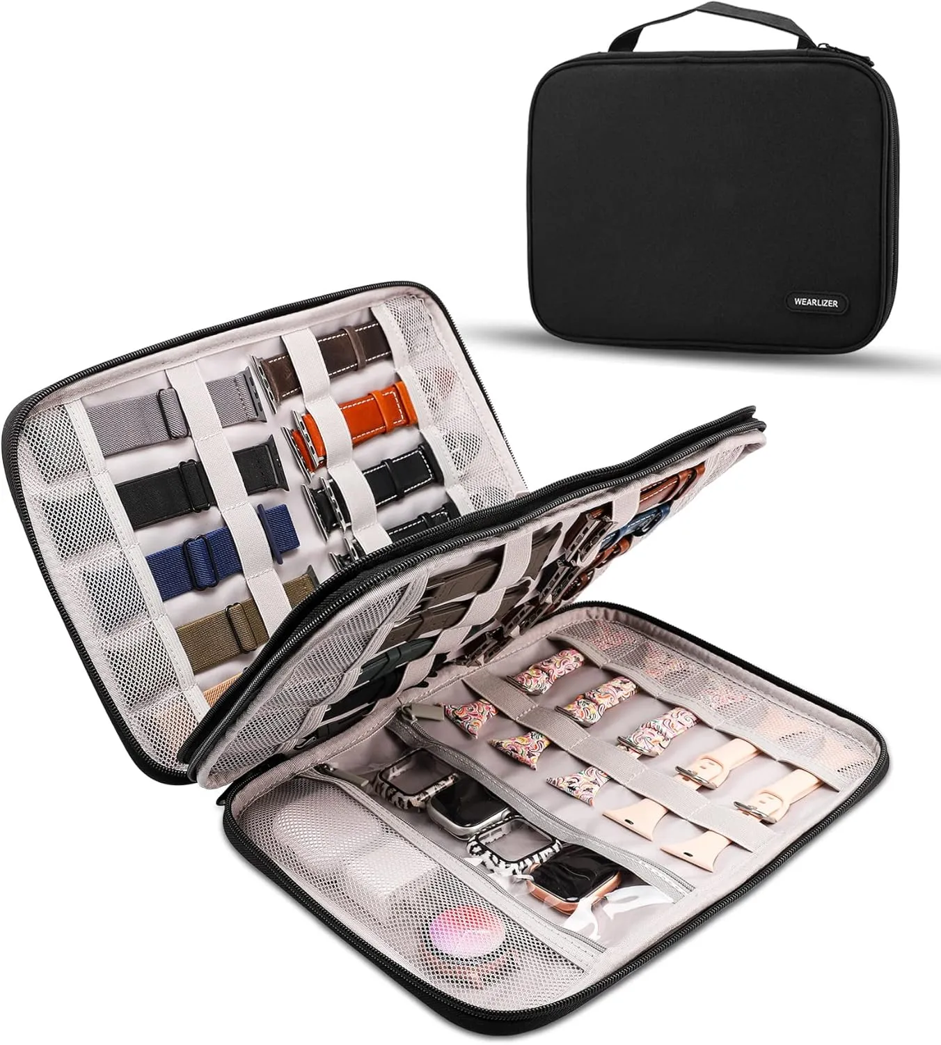 Wearlizer Watch Band Storage Case Hold 35 Straps Portable Organizer Bag Compatible with Apple Watch Band, Pin, Headset and Other Accessories