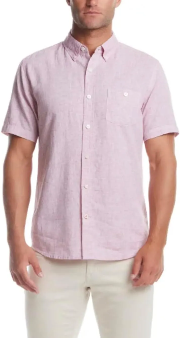 Weatherproof Vintage Men's Short Sleeve Linen Cotton Blend Woven Button Down Shirt