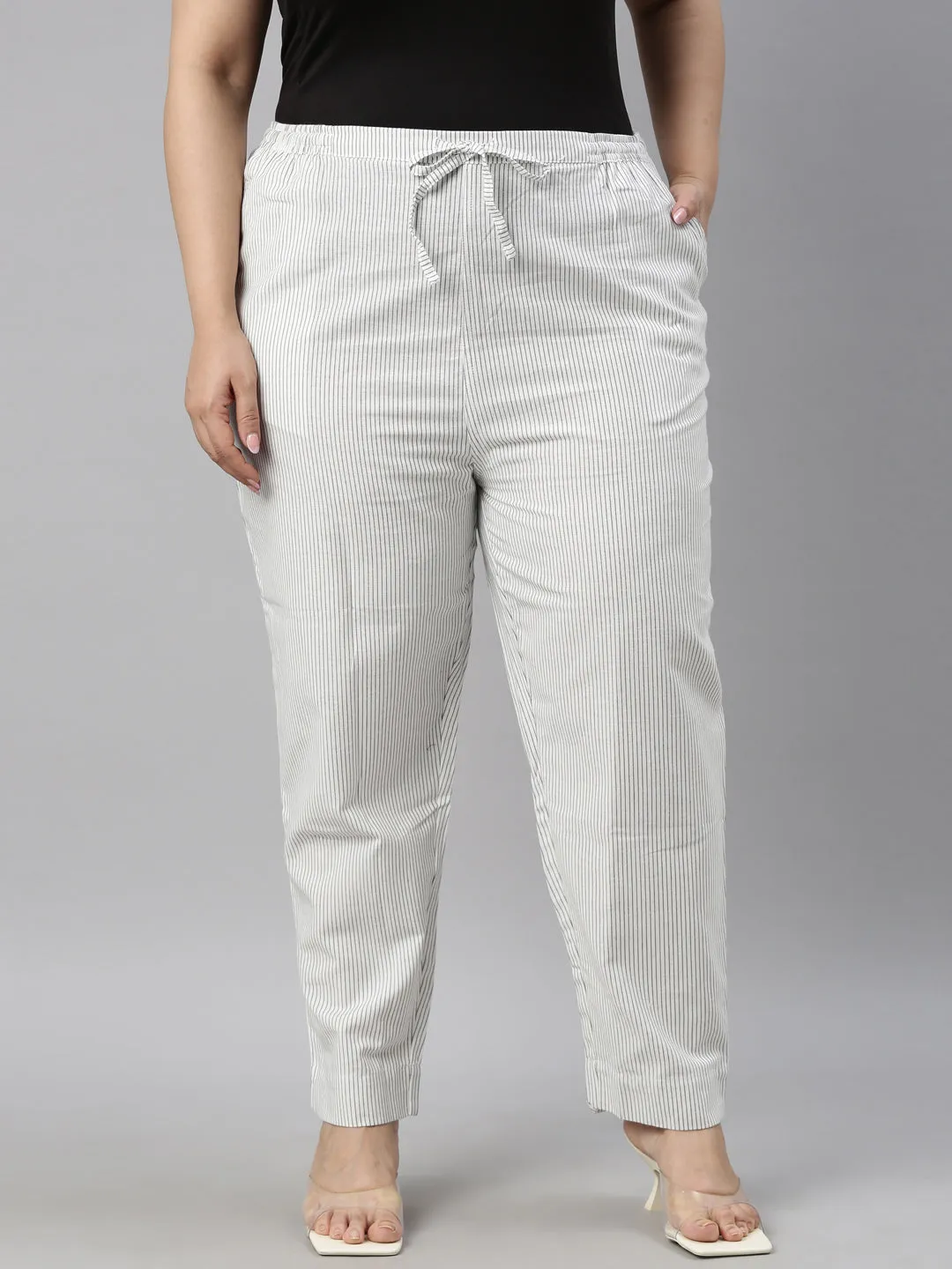 White Cotton Stripe Pencil Pants