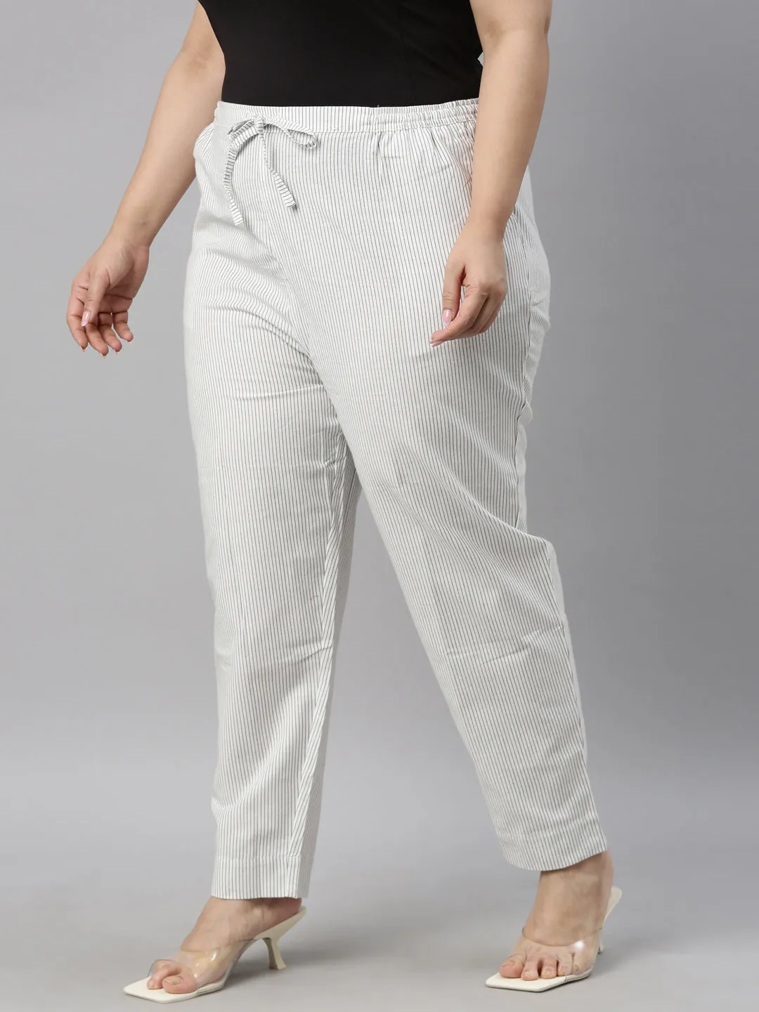 White Cotton Stripe Pencil Pants