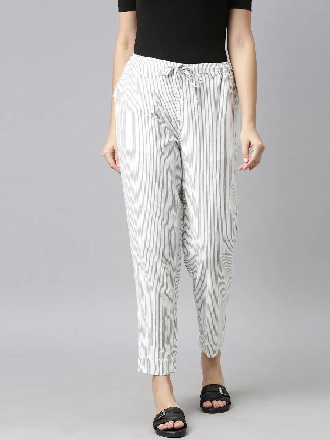 White Cotton Stripe Pencil Pants