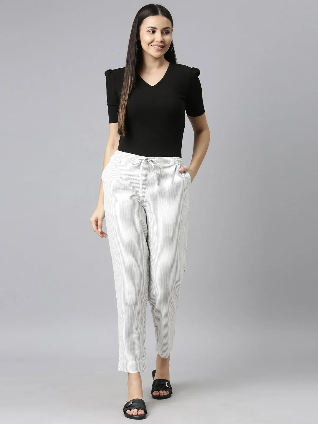 White Cotton Stripe Pencil Pants