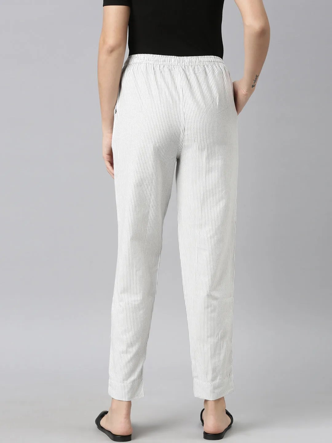 White Cotton Stripe Pencil Pants