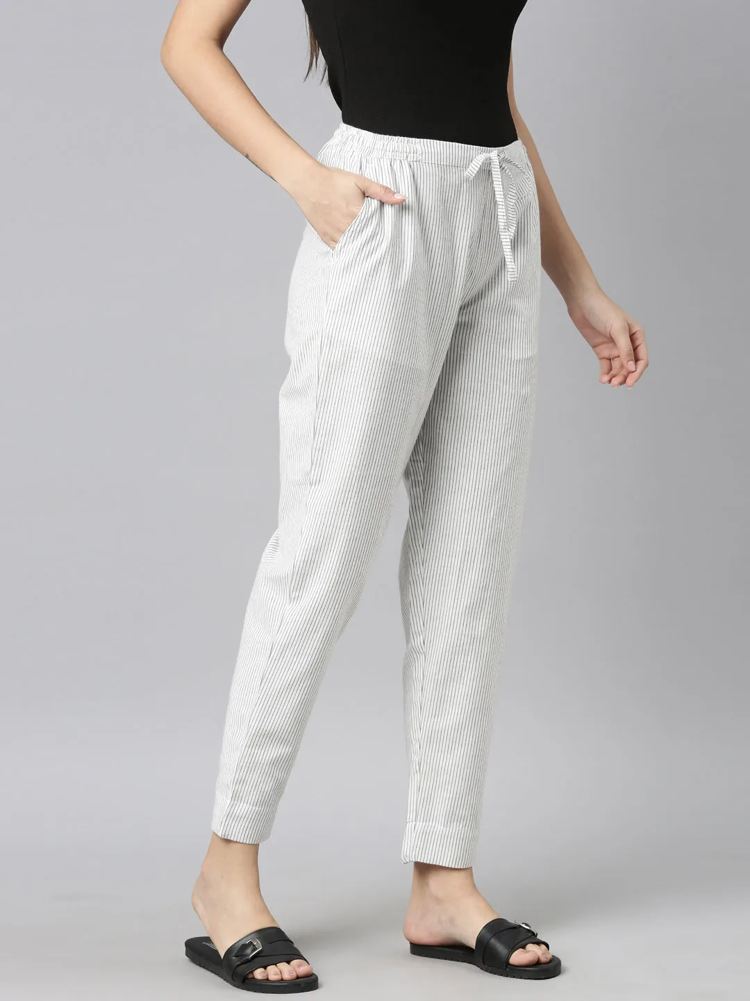White Cotton Stripe Pencil Pants