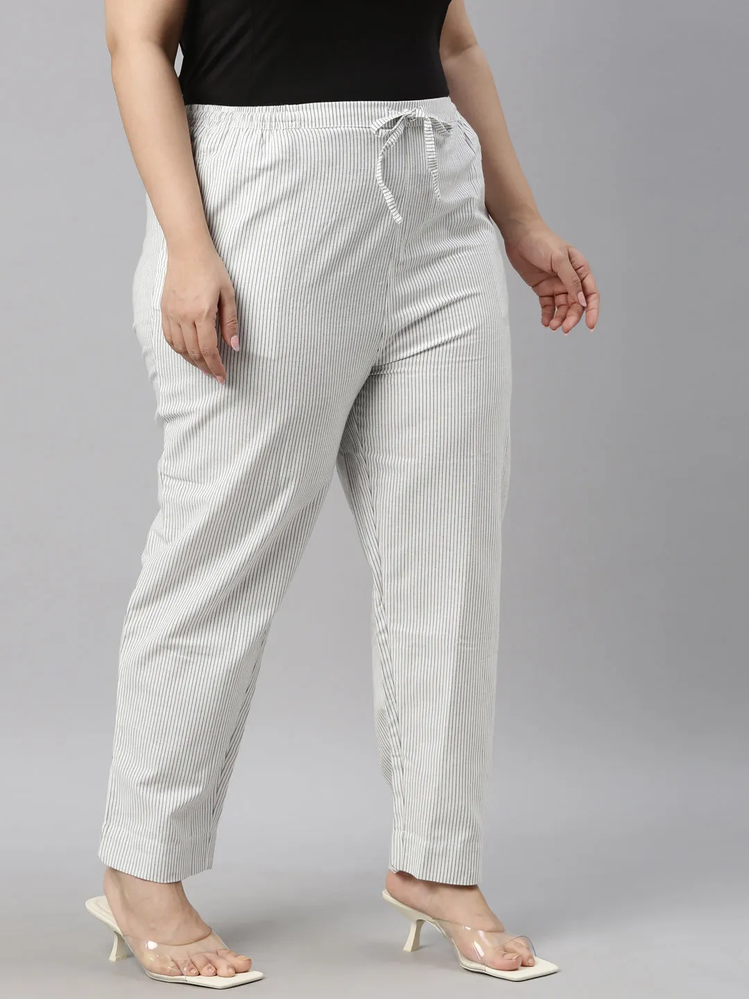 White Cotton Stripe Pencil Pants