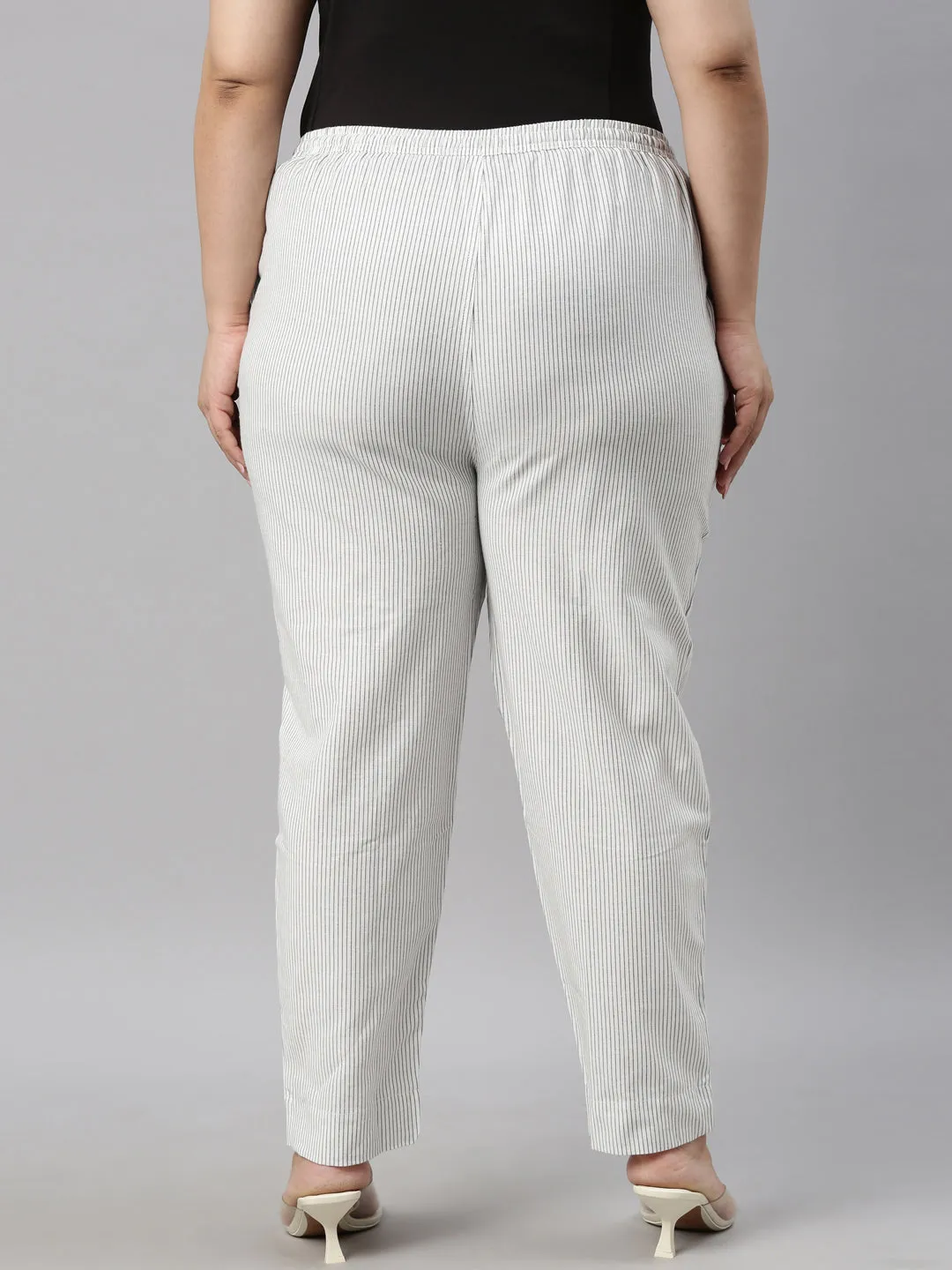 White Cotton Stripe Pencil Pants