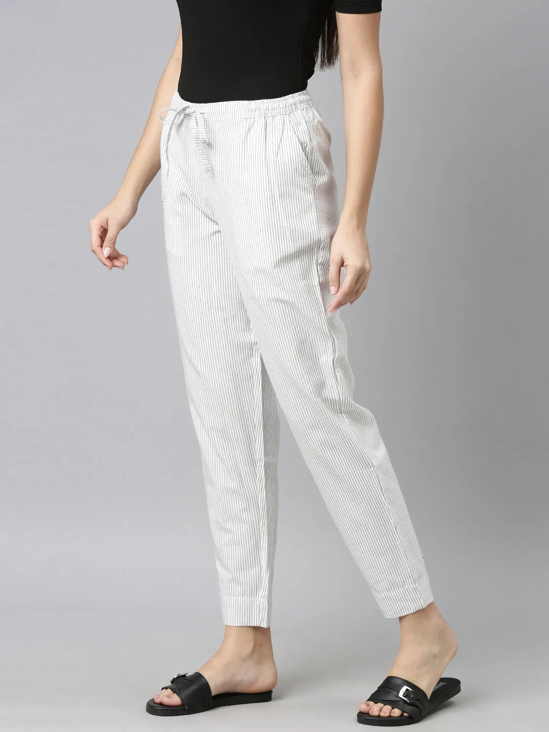 White Cotton Stripe Pencil Pants