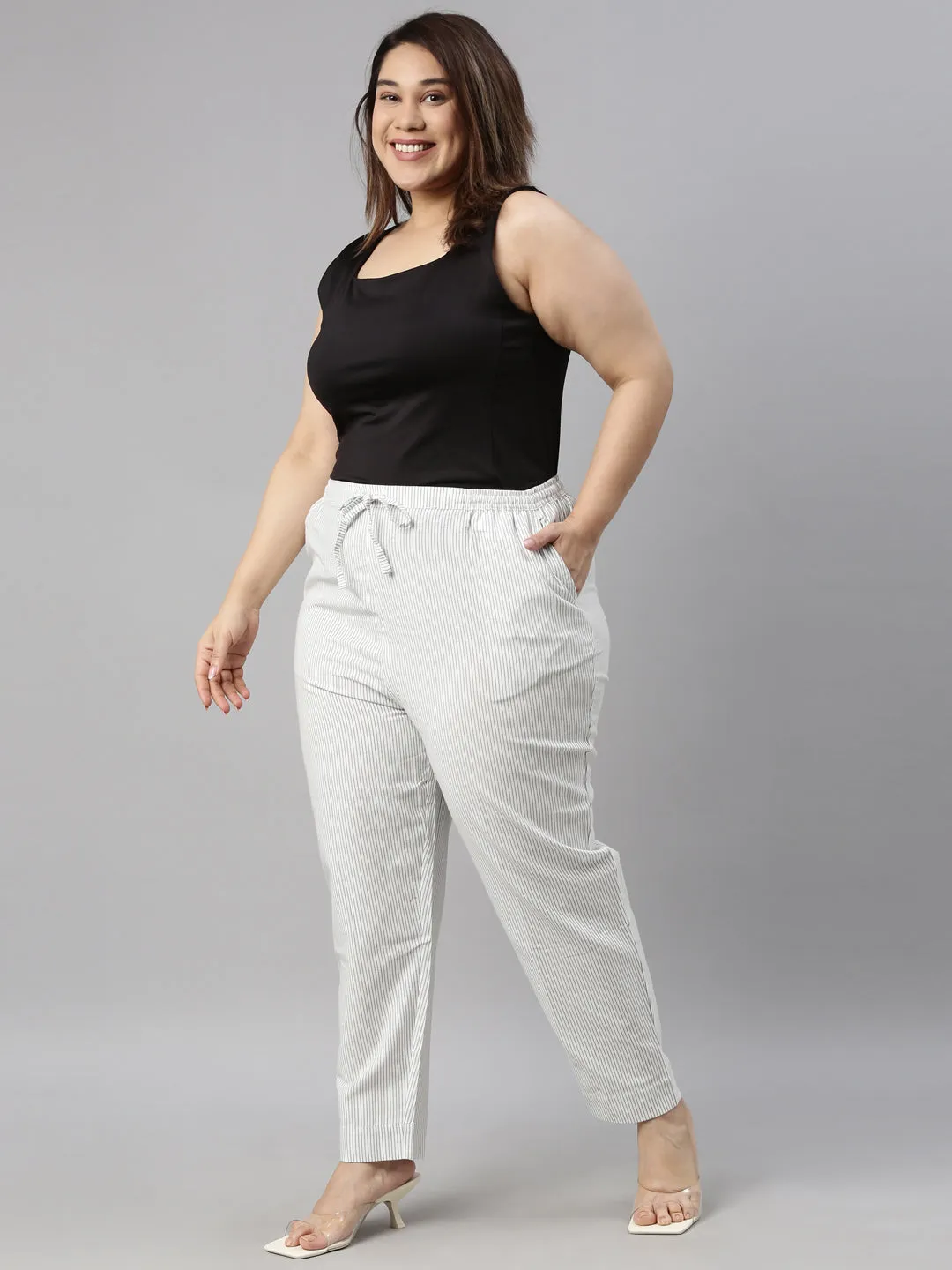 White Cotton Stripe Pencil Pants