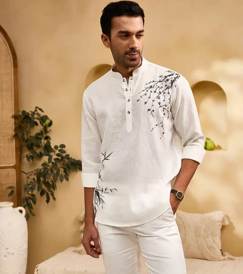 White Floral Hand-Painted Print Linen Kurti-Style Regular Fit Shirt