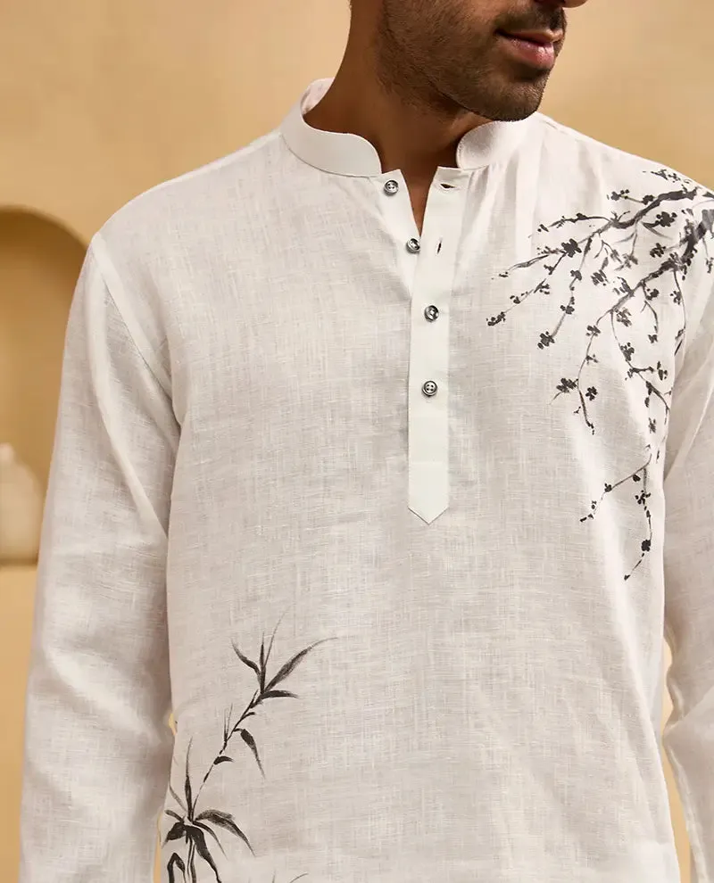 White Floral Hand-Painted Print Linen Kurti-Style Regular Fit Shirt