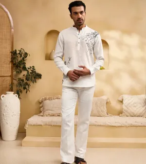 White Floral Hand-Painted Print Linen Kurti-Style Regular Fit Shirt