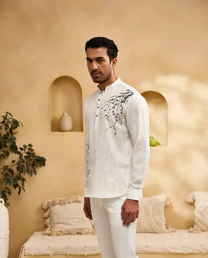 White Floral Hand-Painted Print Linen Kurti-Style Regular Fit Shirt