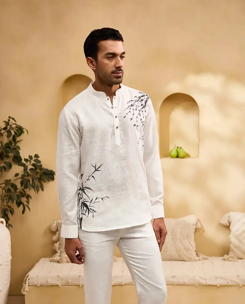 White Floral Hand-Painted Print Linen Kurti-Style Regular Fit Shirt