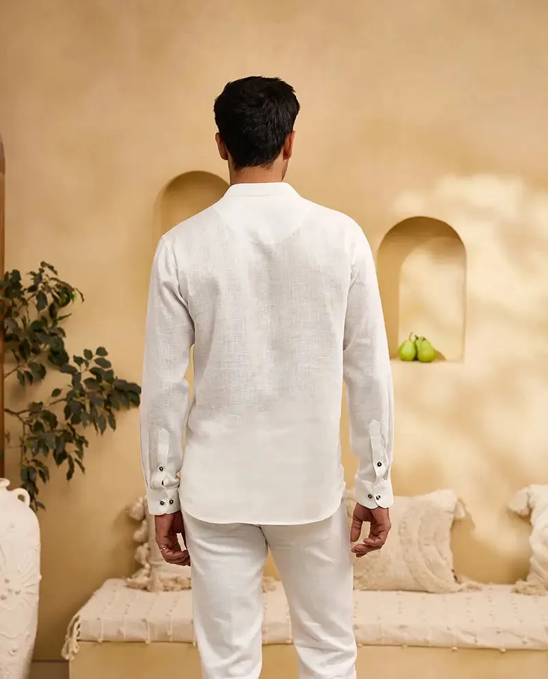White Floral Hand-Painted Print Linen Kurti-Style Regular Fit Shirt