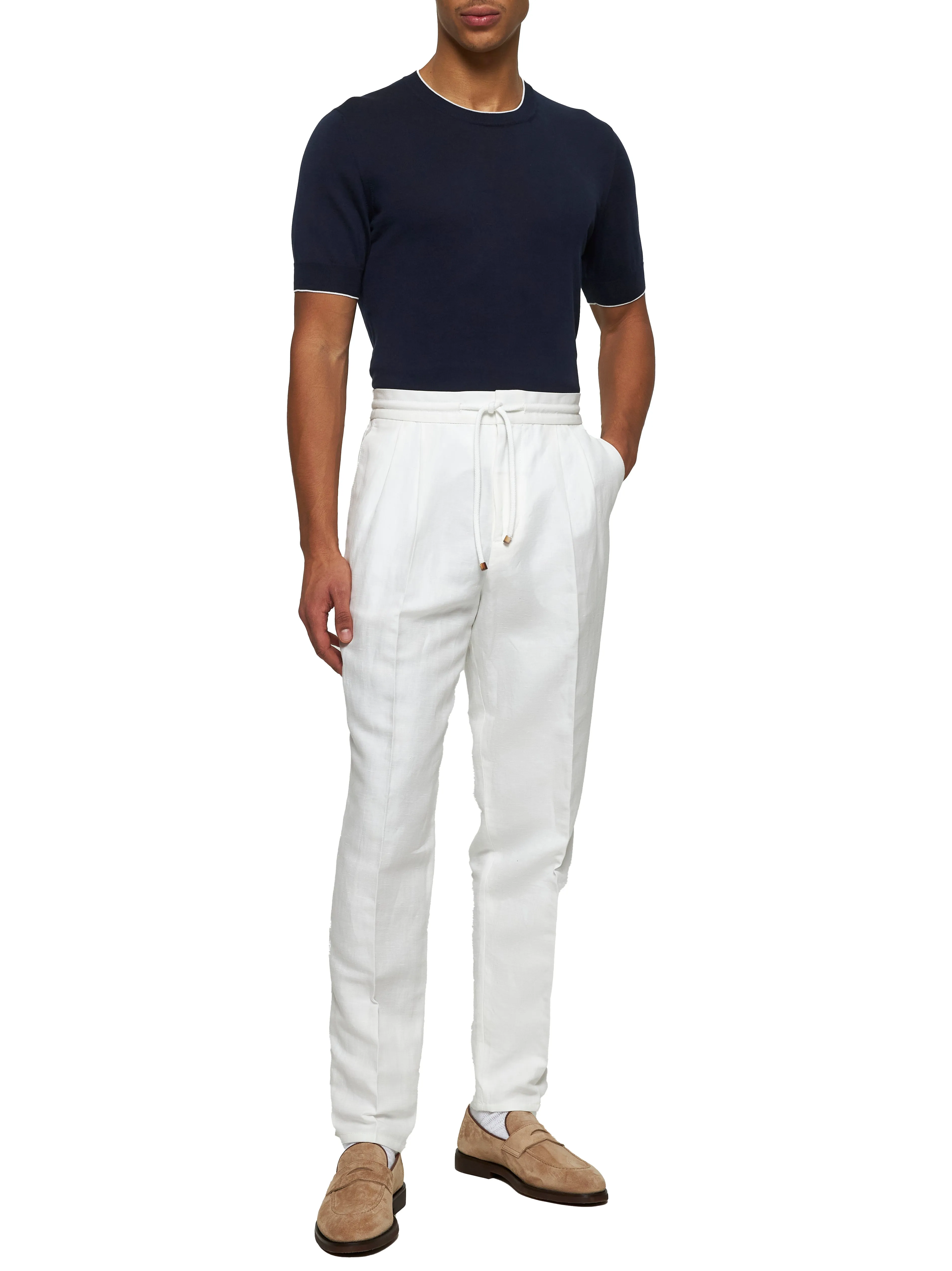 White linen and cotton leisure fit trousers