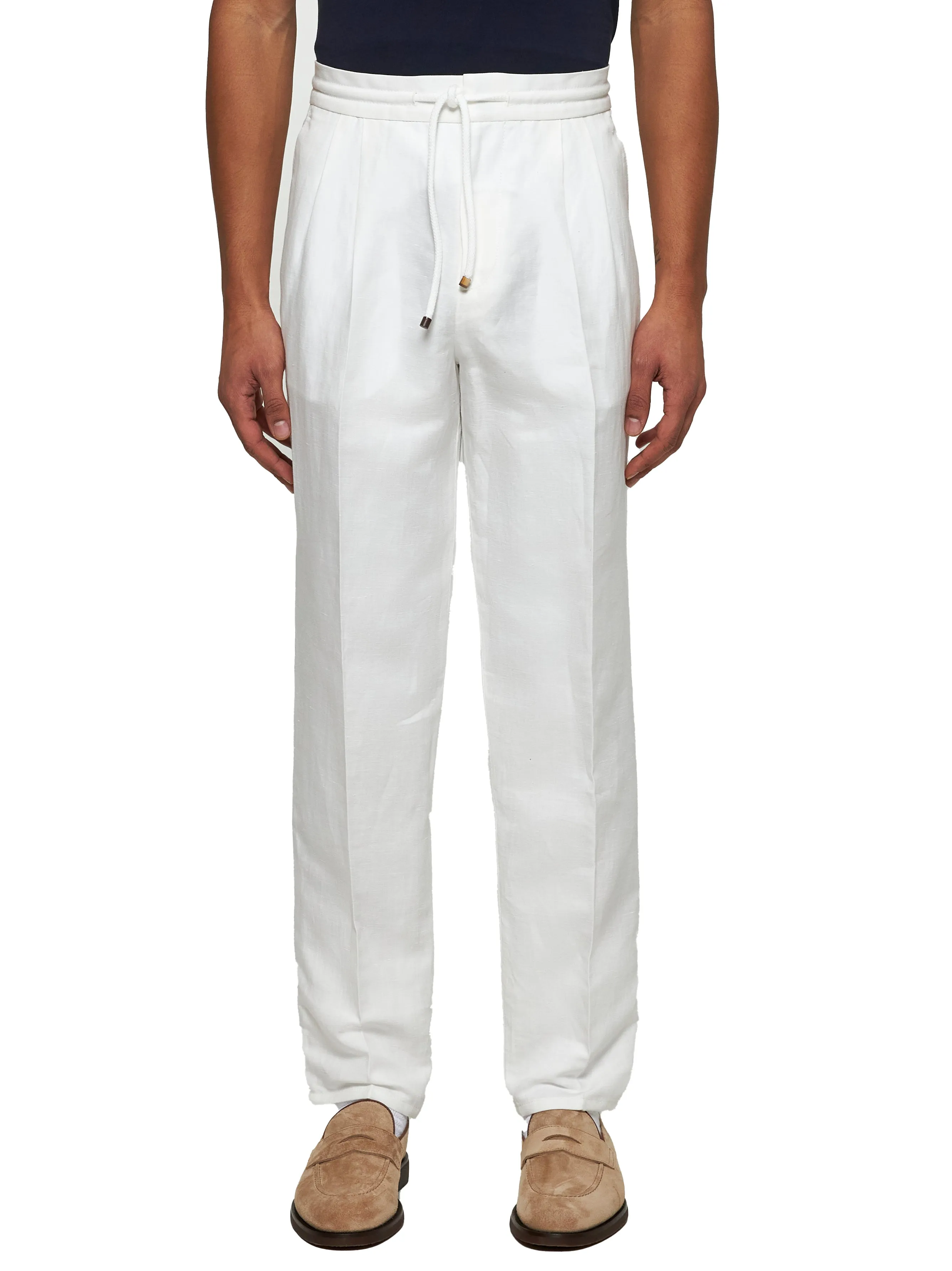 White linen and cotton leisure fit trousers