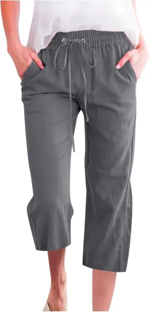 Wide Leg Capri Pants for Women Casual Summer Drawstring Elastic High Waist Cotton Linen Pant Cropped Trousers