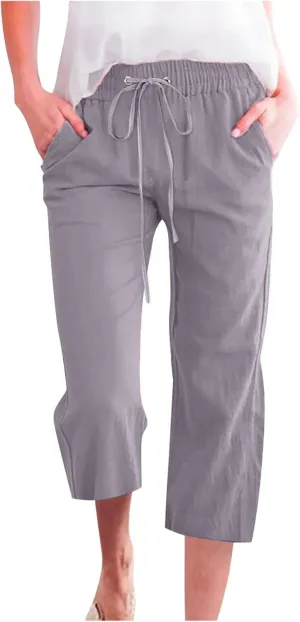 Wide Leg Capri Pants for Women Casual Summer Drawstring Elastic High Waist Cotton Linen Pant Cropped Trousers