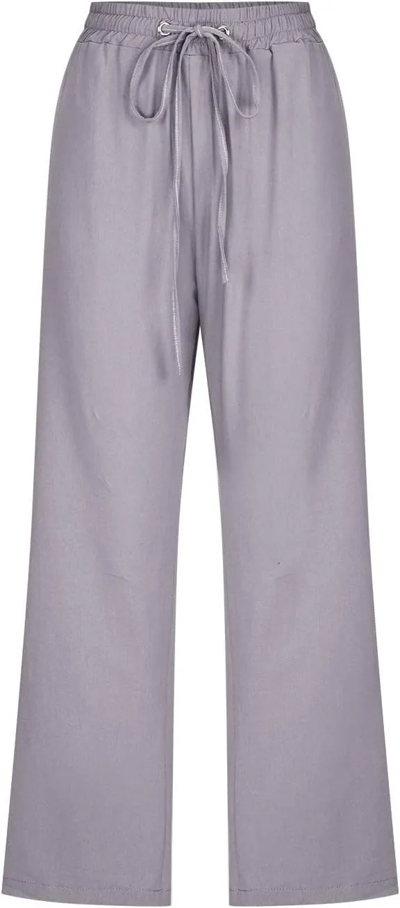 Wide Leg Capri Pants for Women Casual Summer Drawstring Elastic High Waist Cotton Linen Pant Cropped Trousers