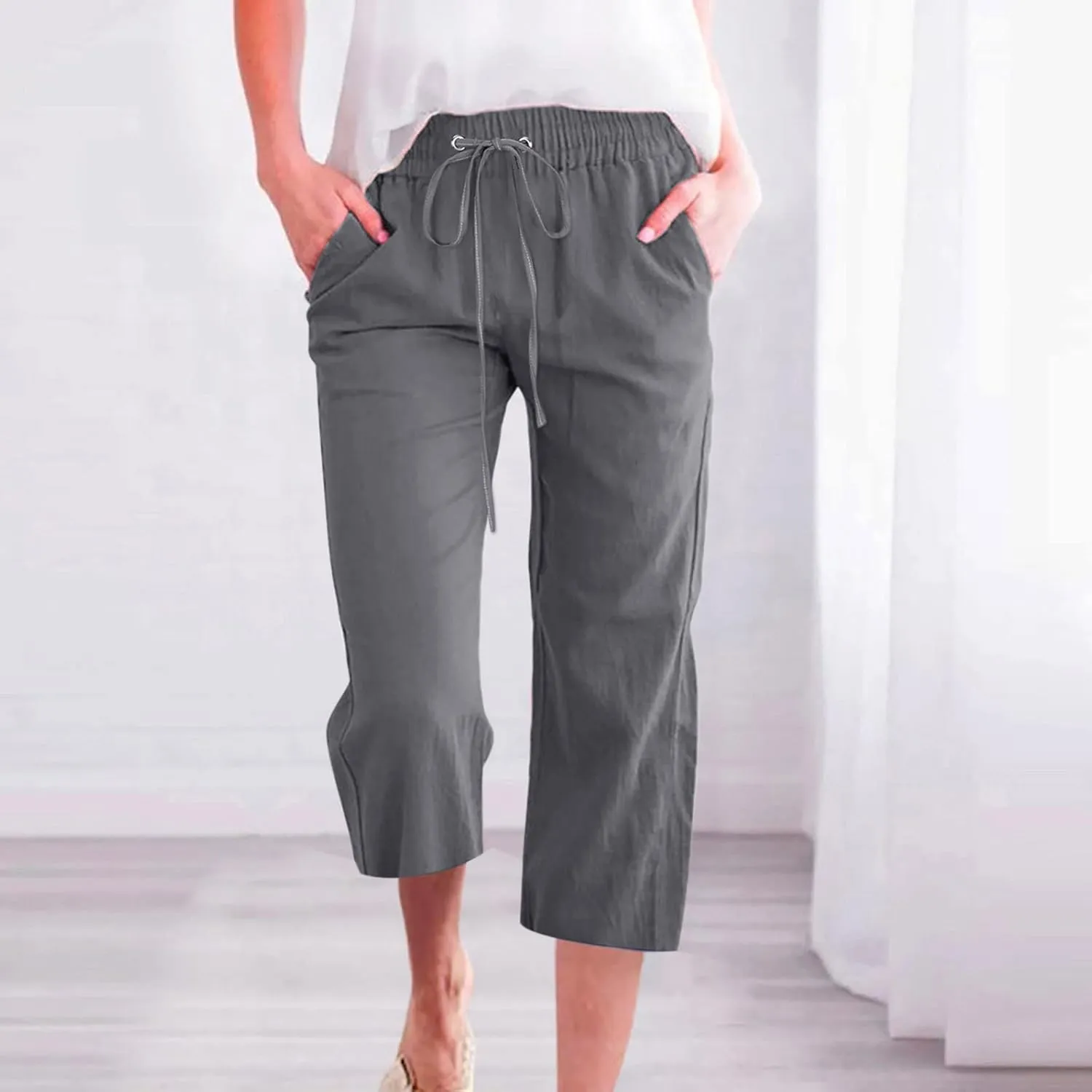 Wide Leg Capri Pants for Women Casual Summer Drawstring Elastic High Waist Cotton Linen Pant Cropped Trousers