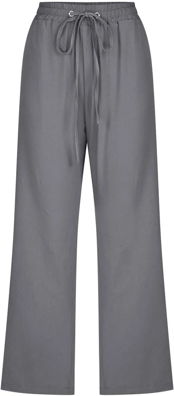 Wide Leg Capri Pants for Women Casual Summer Drawstring Elastic High Waist Cotton Linen Pant Cropped Trousers
