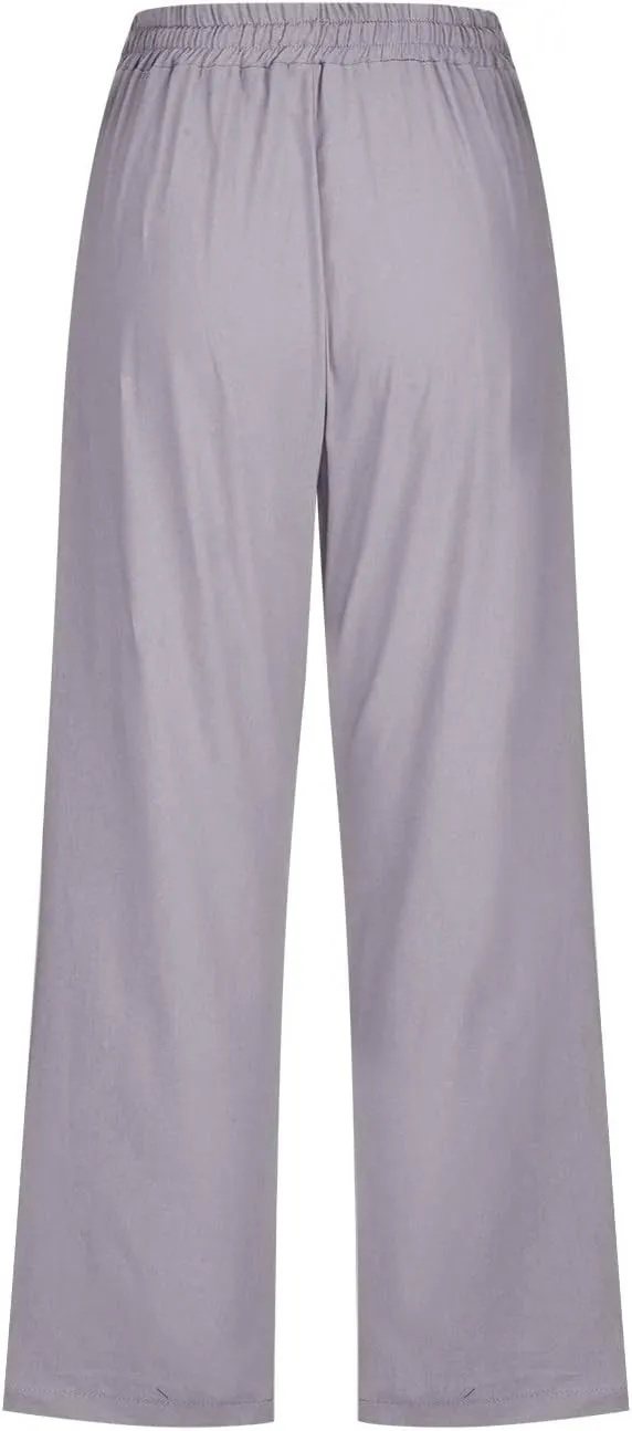Wide Leg Capri Pants for Women Casual Summer Drawstring Elastic High Waist Cotton Linen Pant Cropped Trousers
