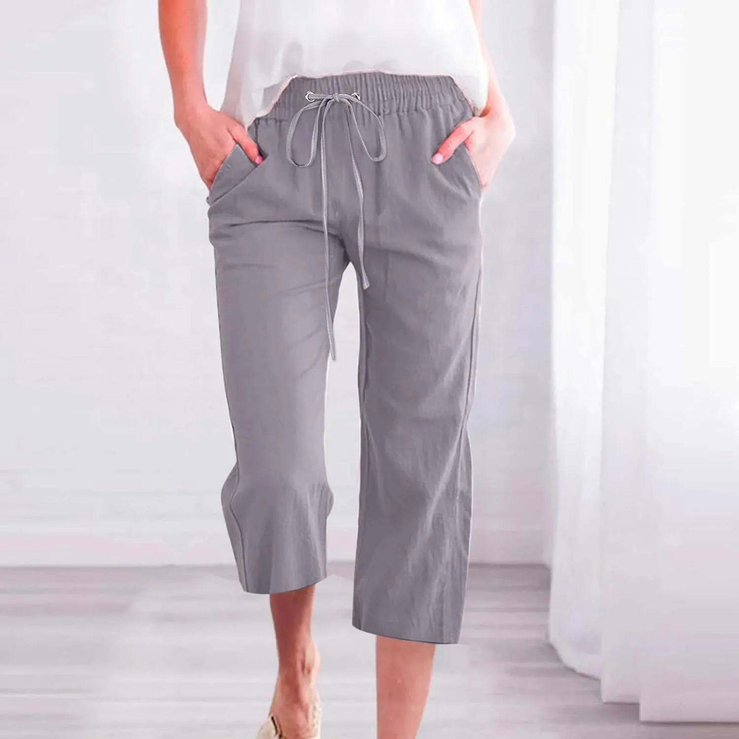 Wide Leg Capri Pants for Women Casual Summer Drawstring Elastic High Waist Cotton Linen Pant Cropped Trousers