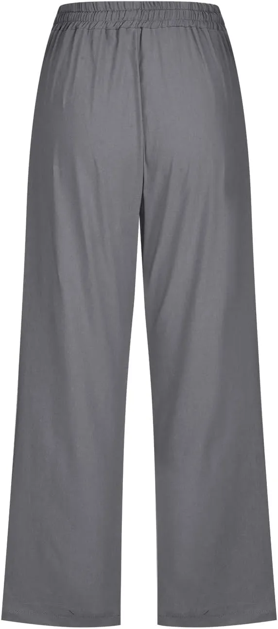 Wide Leg Capri Pants for Women Casual Summer Drawstring Elastic High Waist Cotton Linen Pant Cropped Trousers